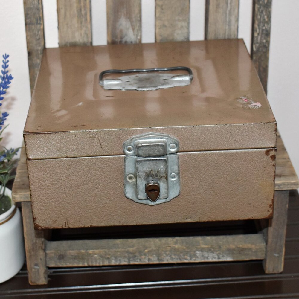 Vintage Antique Tan Metal Cash Box Porta File Case Storage Farmhouse Decor